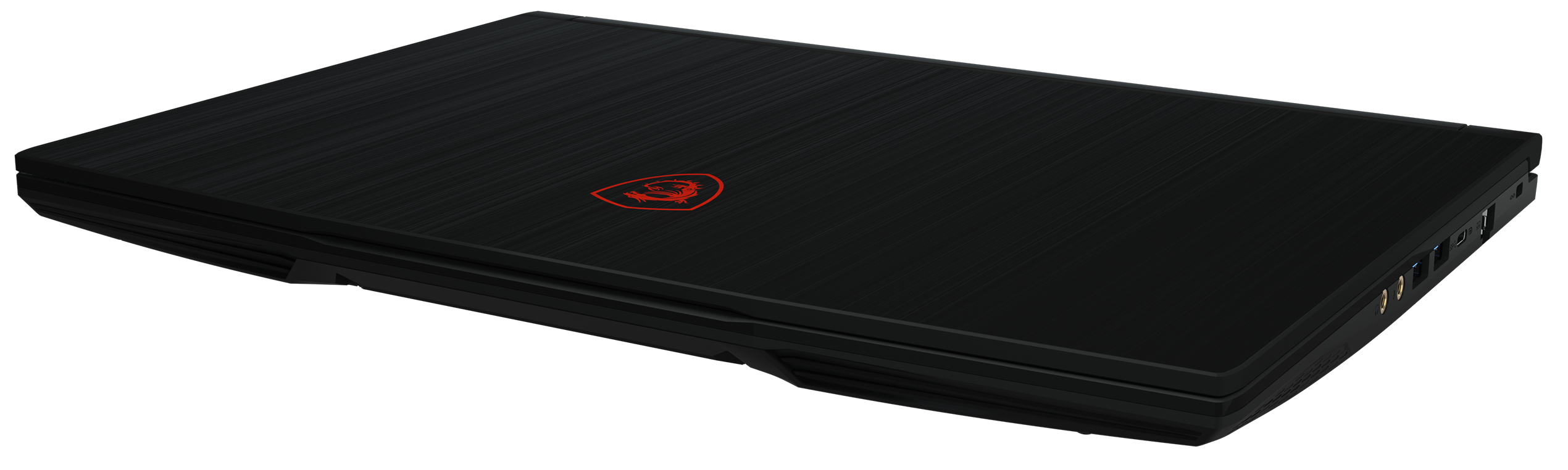 Schwarzer MSI-Laptop, geschlossen, mit rotem Logo oben. Schlankes Design, dunkler Hintergrund.