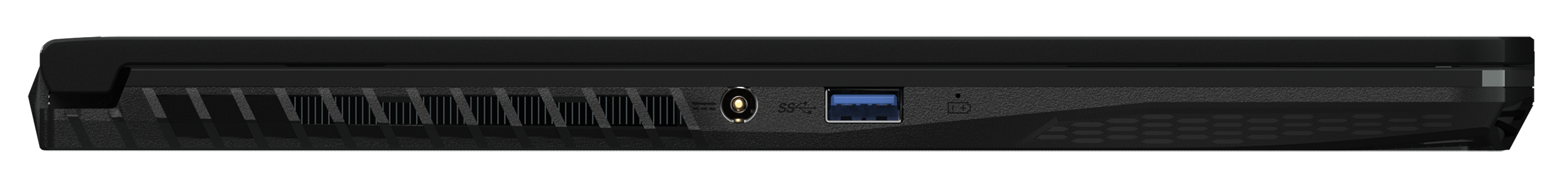 Seitenansicht eines schwarzen Laptops mit Anschlüssen, einschließlich Stromanschluss und USB-Anschluss.