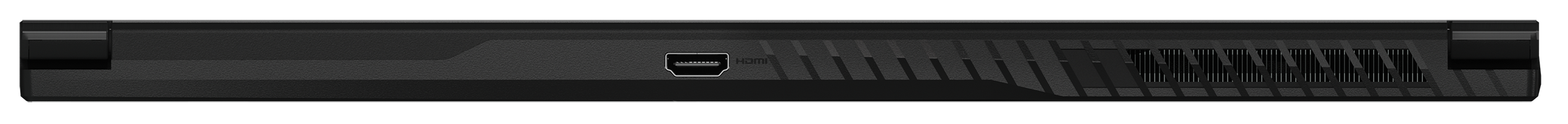 Schwarze Laptopseite mit USB-Anschluss und diagonalen Linien auf schwarzem Hintergrund.