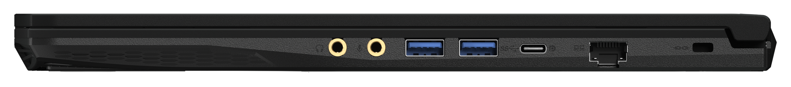 Seitenansicht eines schwarzen Laptops mit Anschlüssen: Kopfhörer, Mikrofon, USB 3.0, USB-C und Ethernet.