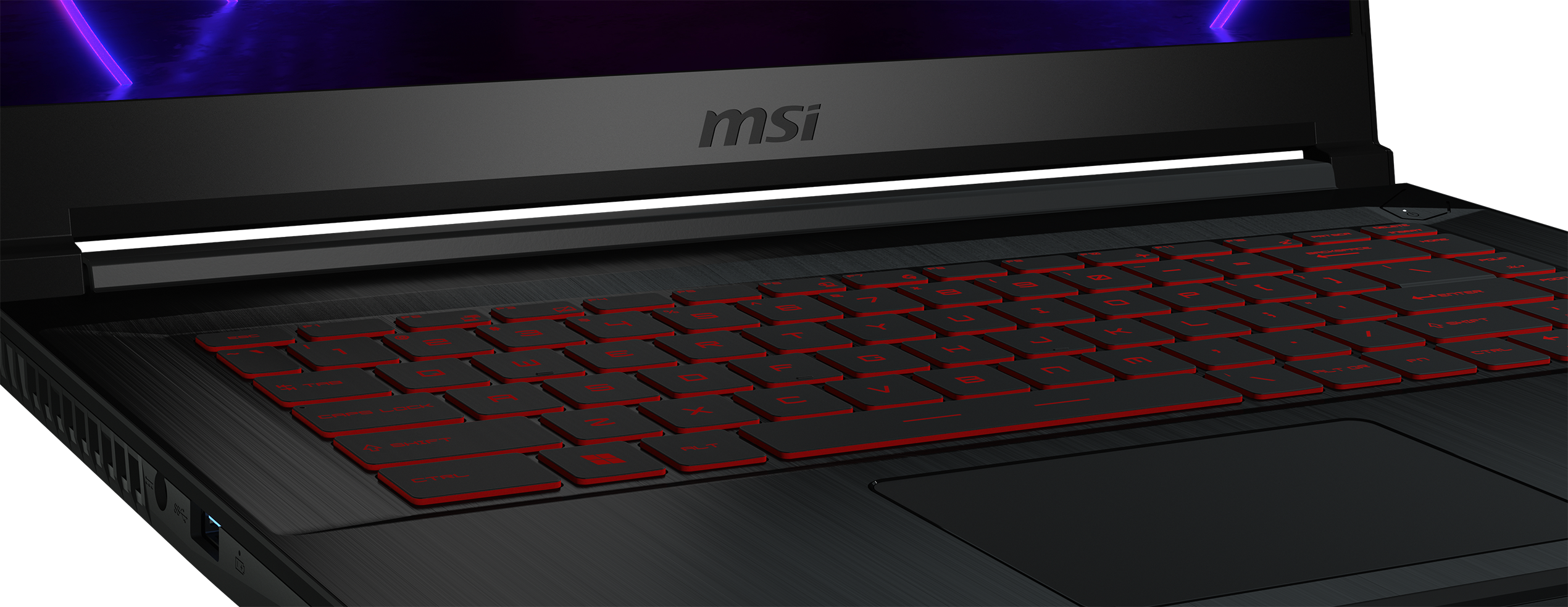 Nahaufnahme einer schwarzen Laptop-Tastatur mit rot hinterleuchteten Tasten; MSI-Logo sichtbar.