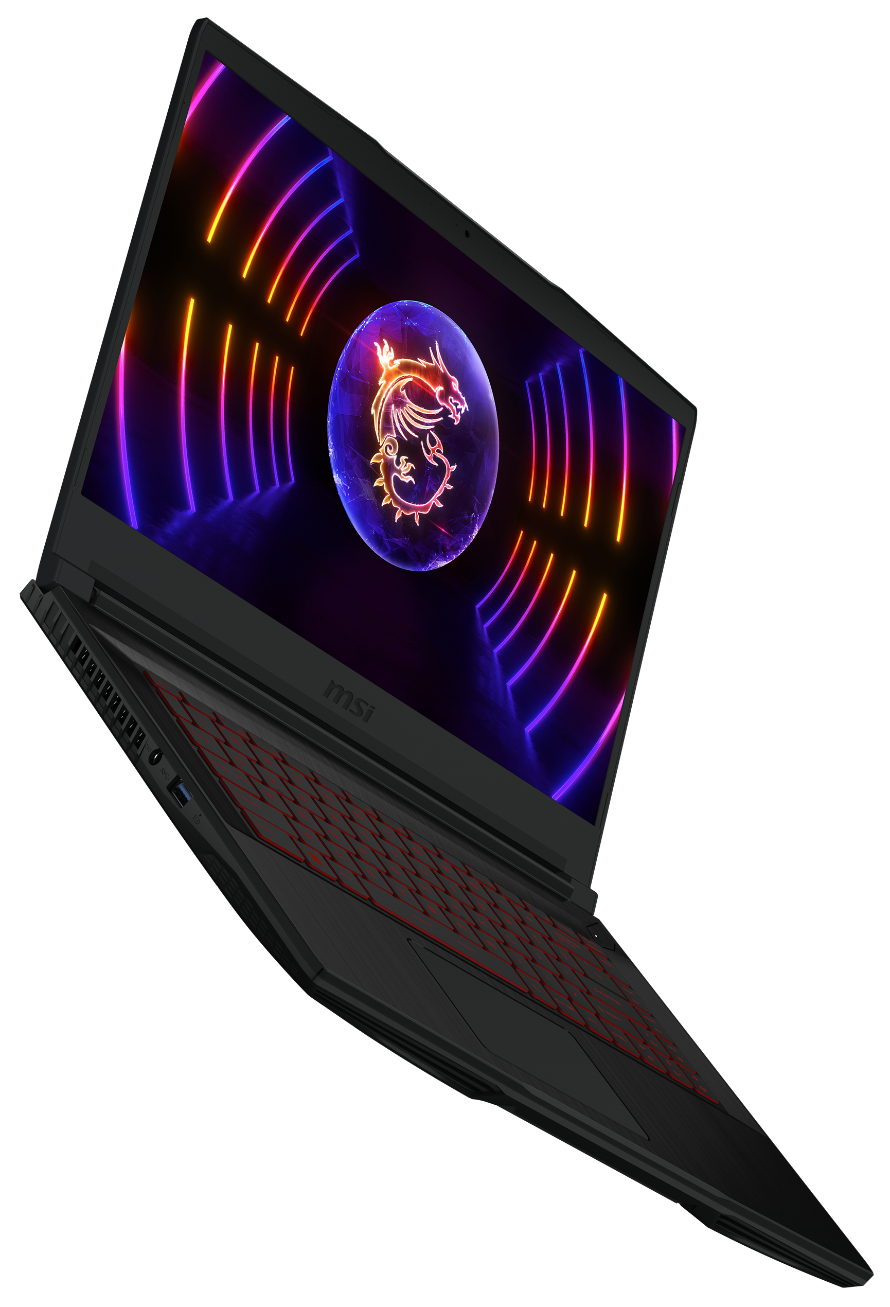 Schwarzer Laptop mit roten Tasten, der Bildschirm zeigt ein Logo. Der Bildschirm hat einen blauen und orangenen Hintergrund.