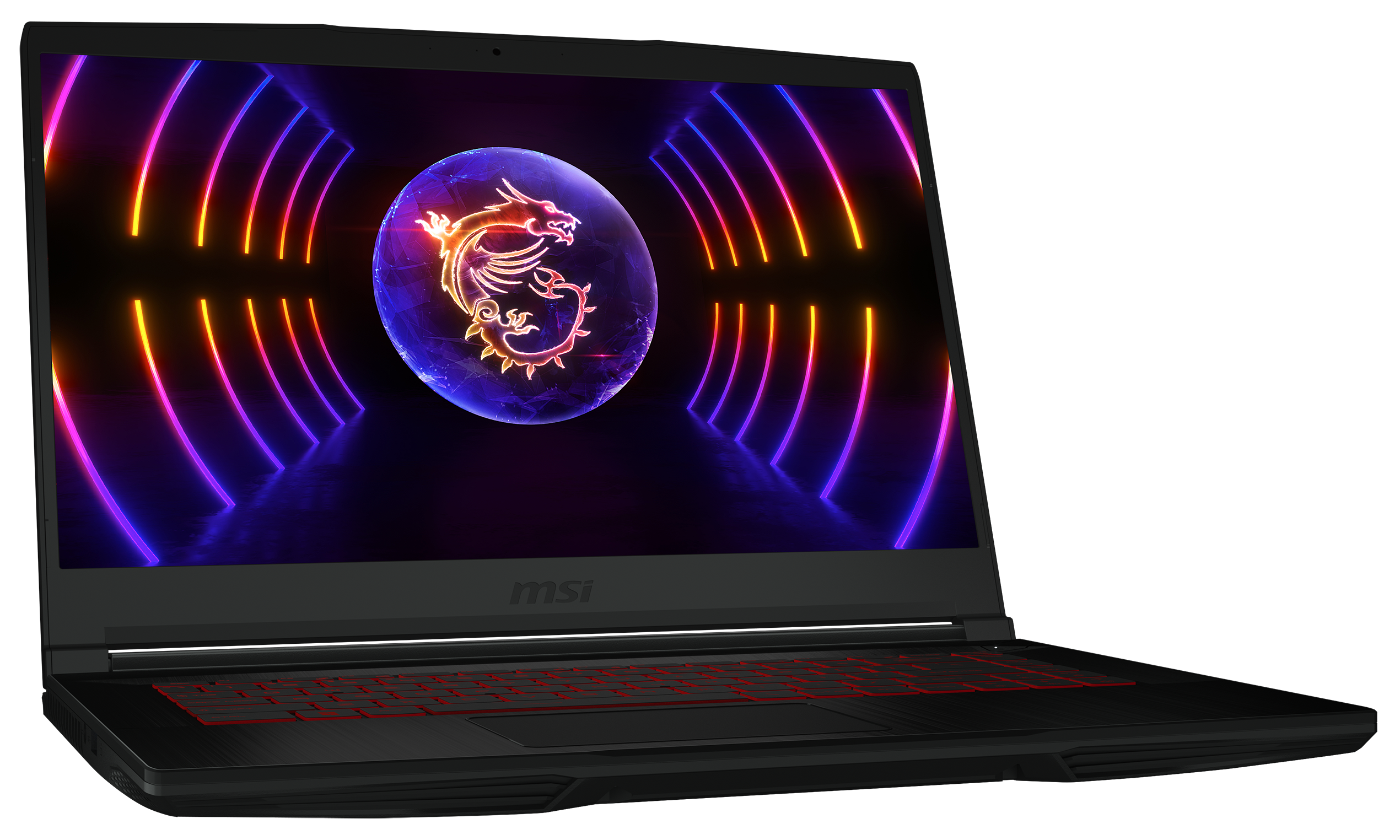 Ein schwarzer Laptop mit einem Drachen-Grafik auf dem Bildschirm. Die Tastatur hat rote Hintergrundbeleuchtung.