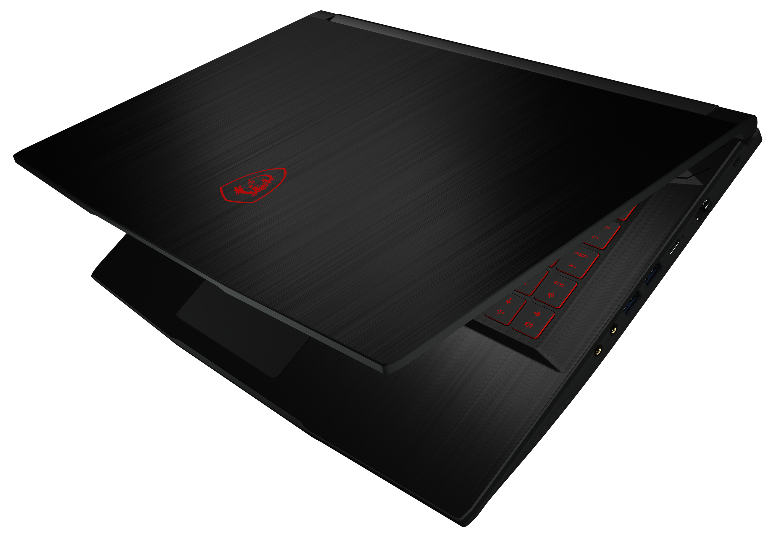 Schwarzer Laptop mit rotem Logo, teilweise geöffnet. Tastatur mit roten Tasten. Schwarzer Hintergrund.