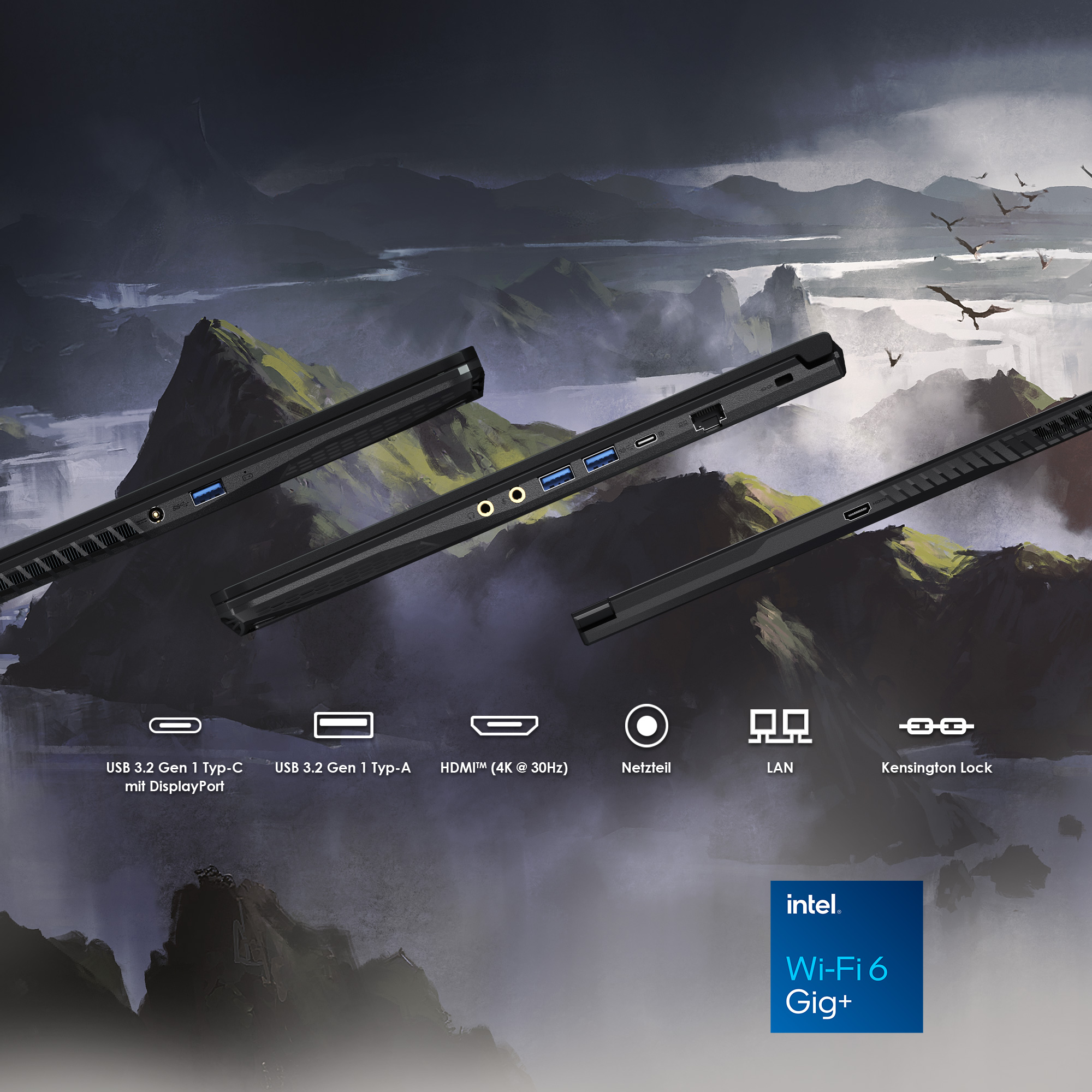 Laptops mit Anschlüssen an der Seite, mit Berglandschaft im Hintergrund und Drachenillustration.
