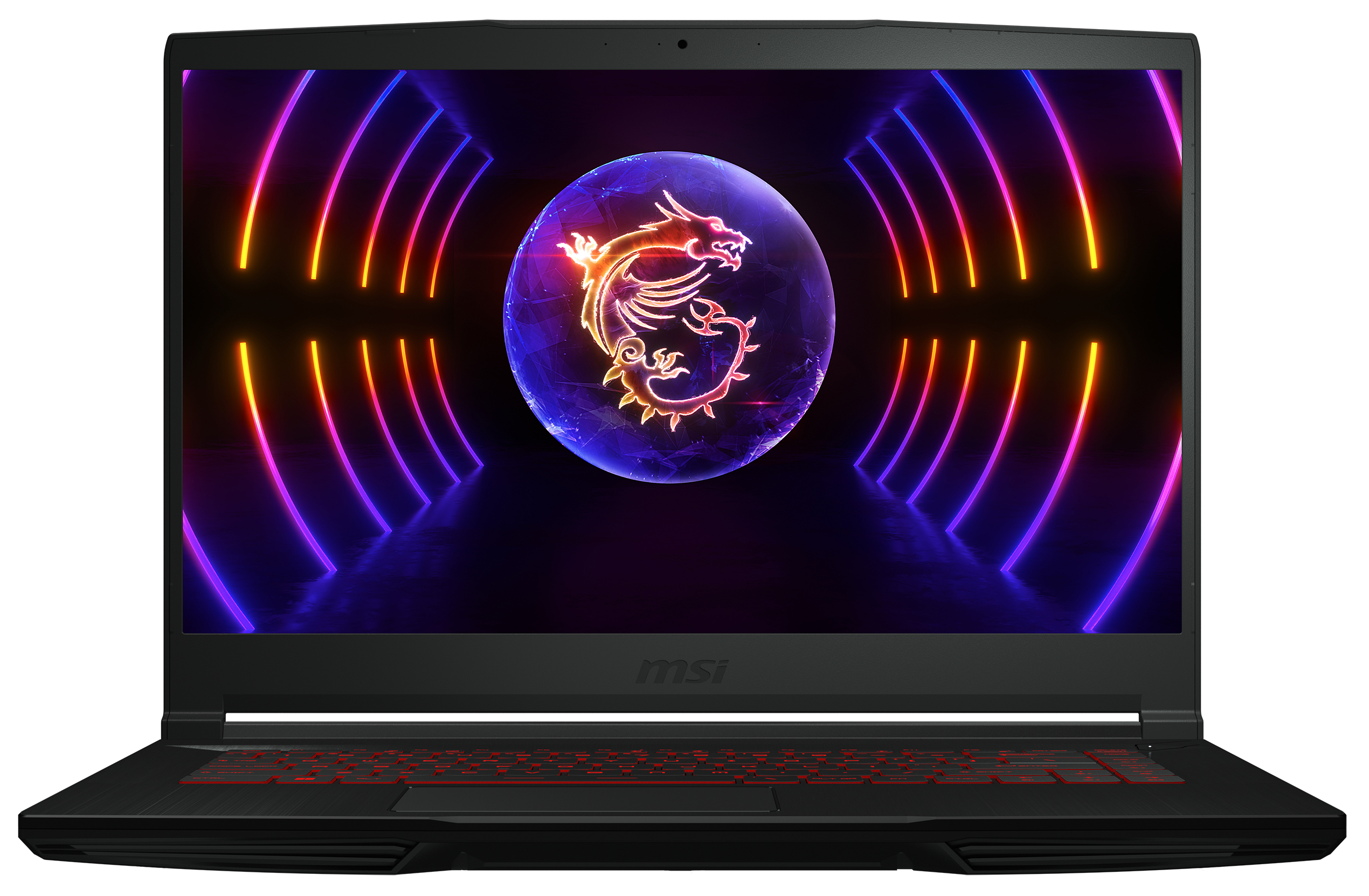 Schwarzer Laptop mit neonfarbenen Lichtern auf dem Bildschirm.