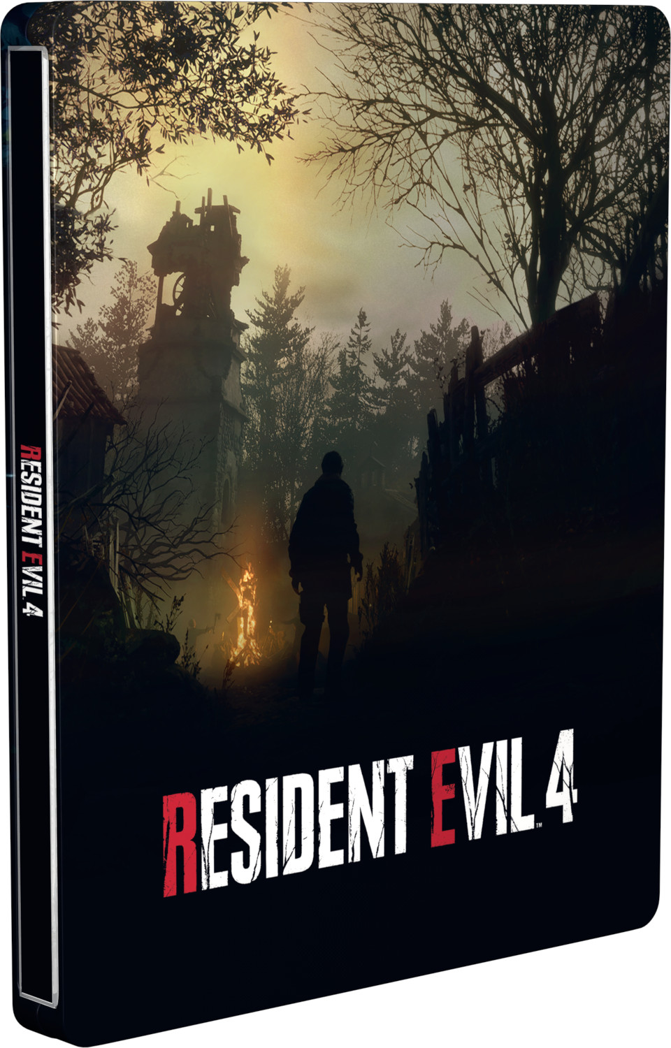 Resident Evil 4 gamecase met een donkere bosscene en titeltekst.