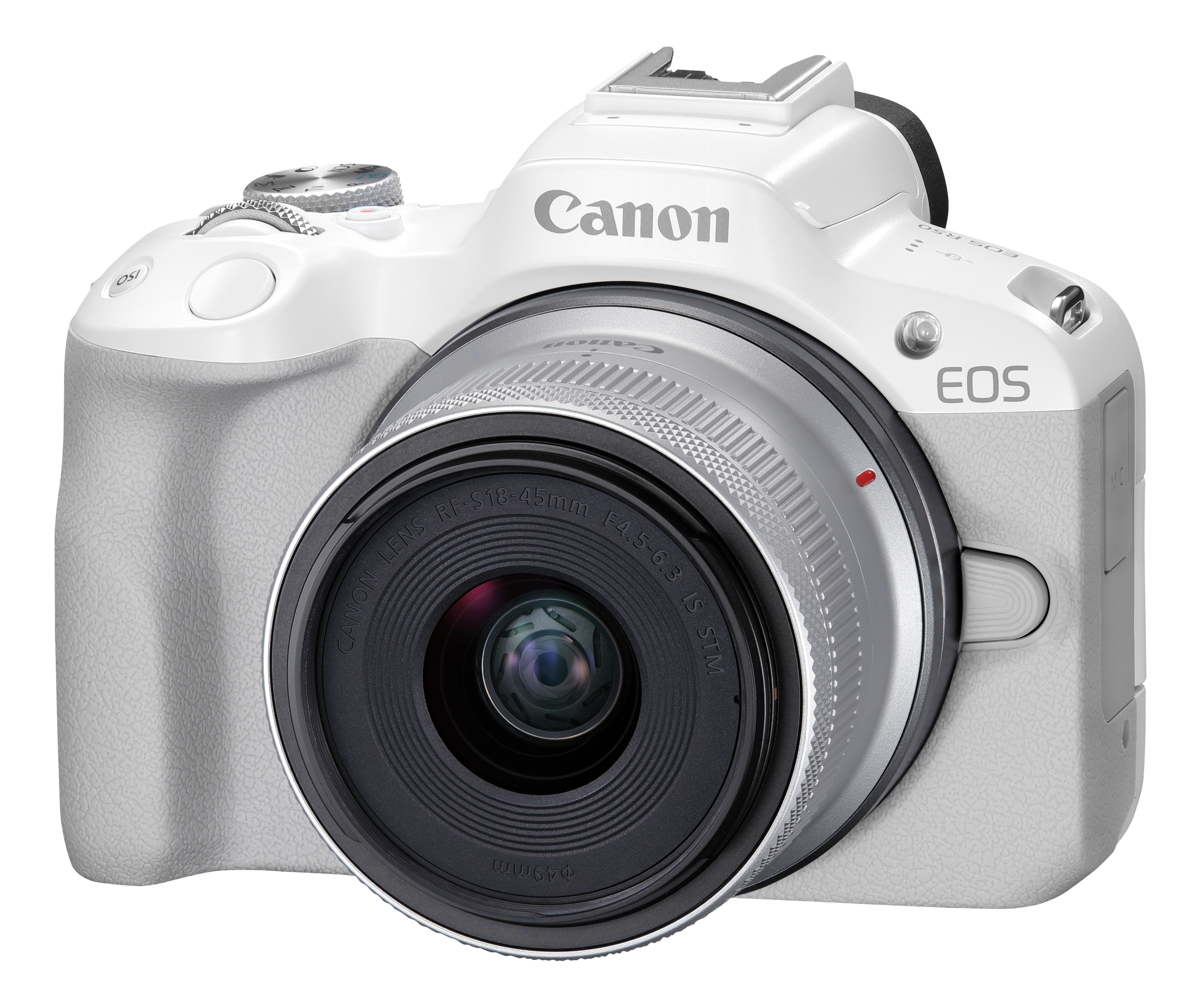 Weiße Canon EOS Kamera mit Objektiv, auf weißem Hintergrund. Canon Logo sichtbar.