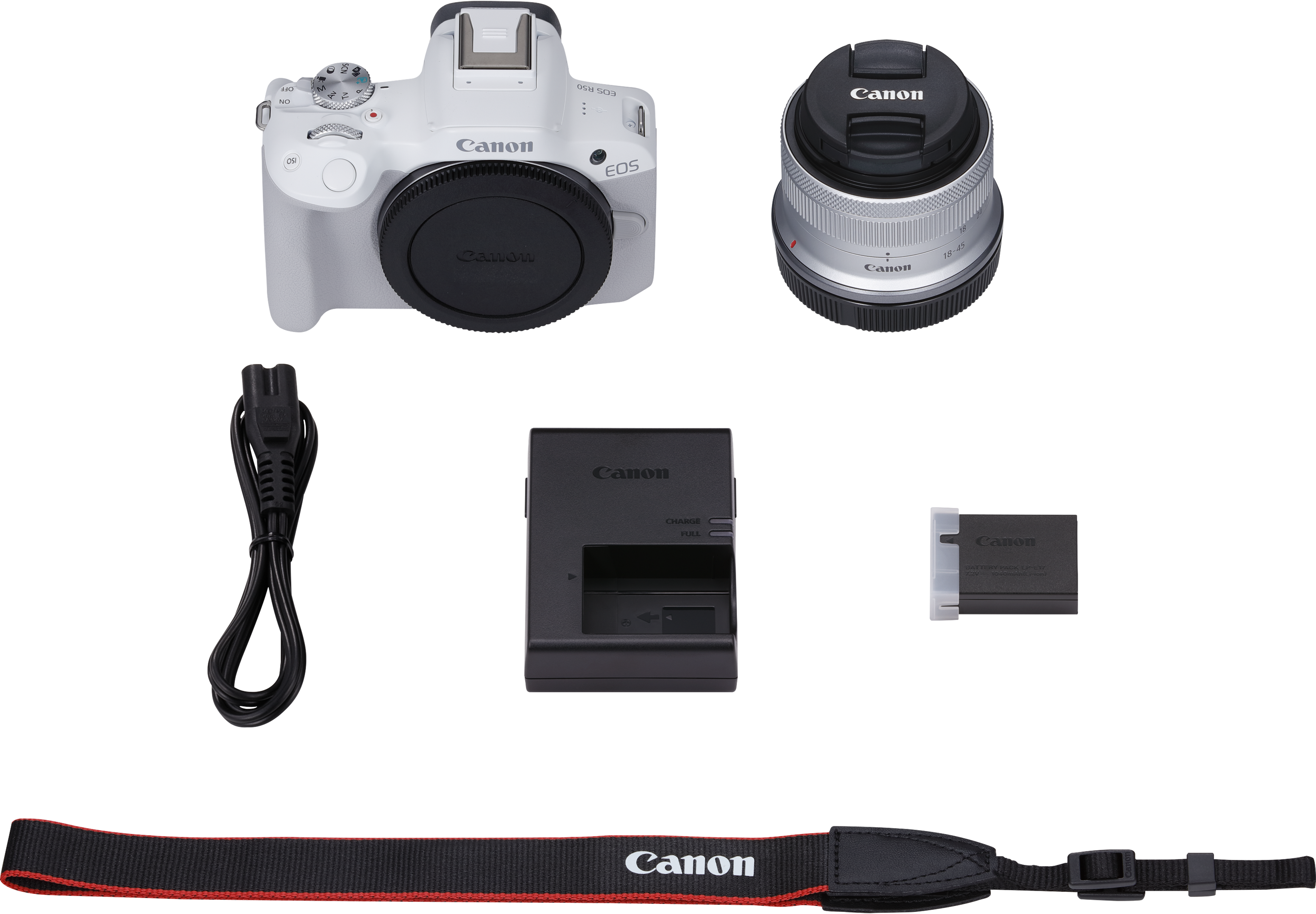 Weiße Canon-Kamera, Objektiv, Ladegerät, Akku und Gurt auf schwarzem Hintergrund.