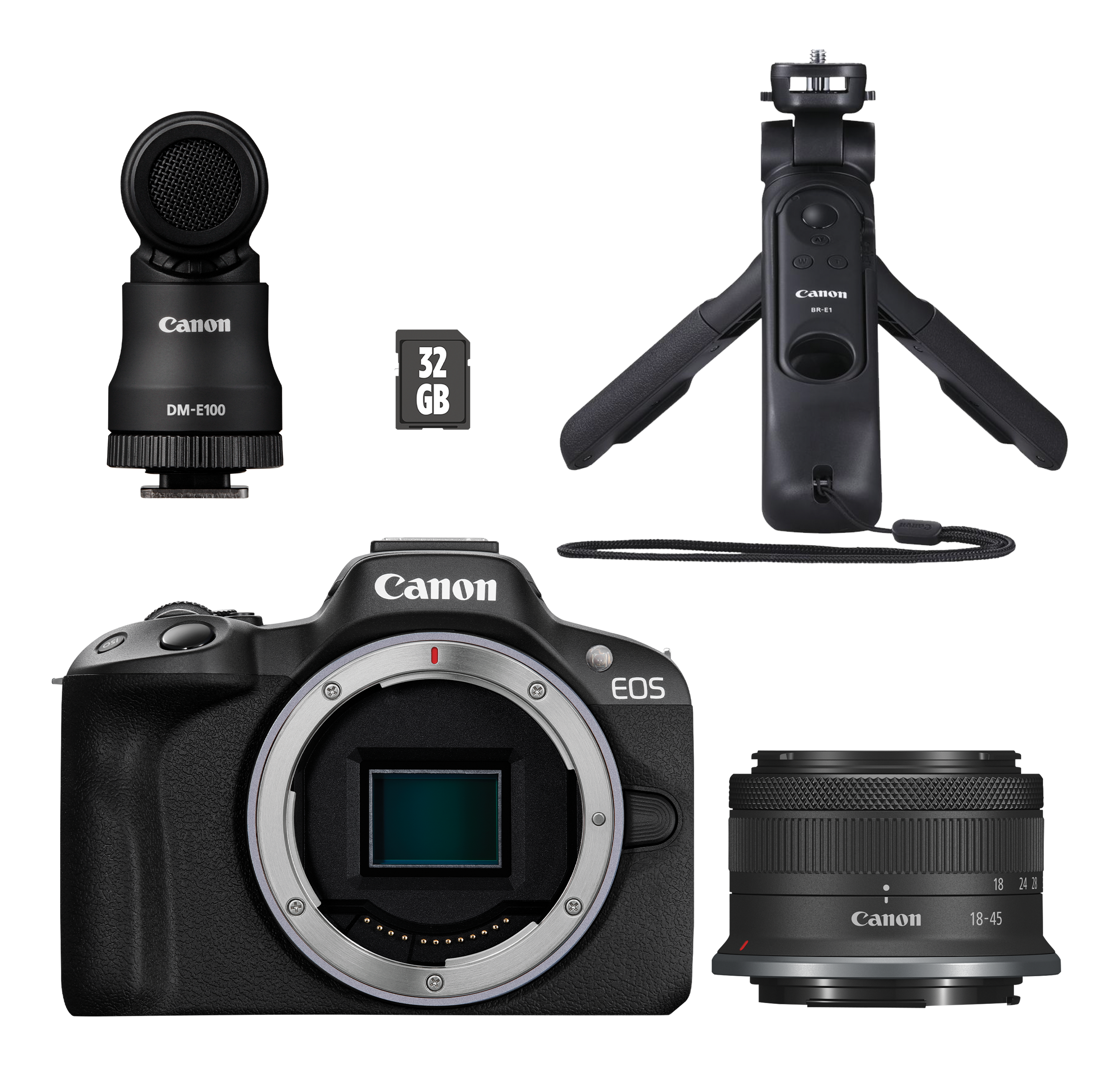 Canon Kamera-Kit mit Mikrofon, Stativ, Objektiv und Speicherkarte.