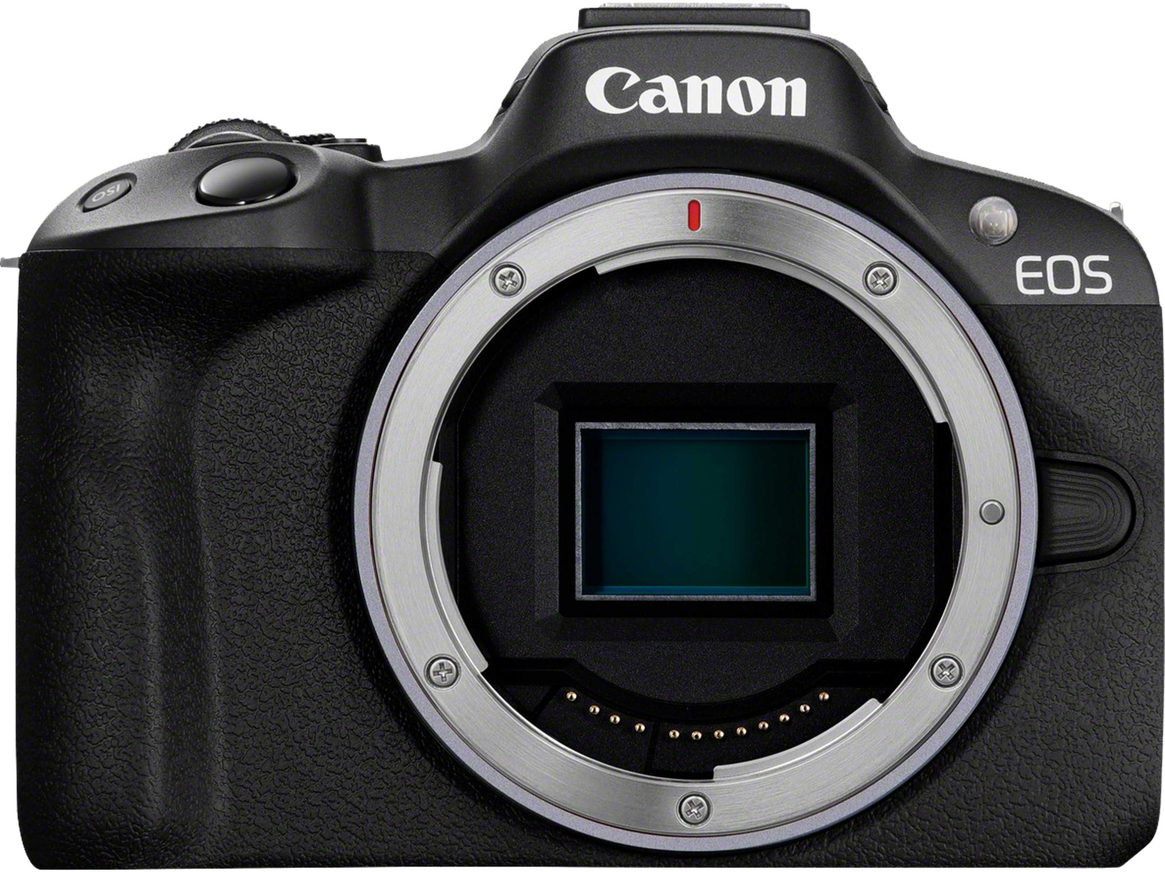Canon EOS Kamera, schwarzes Gehäuse, Objektivanschluss und das EOS-Logo.