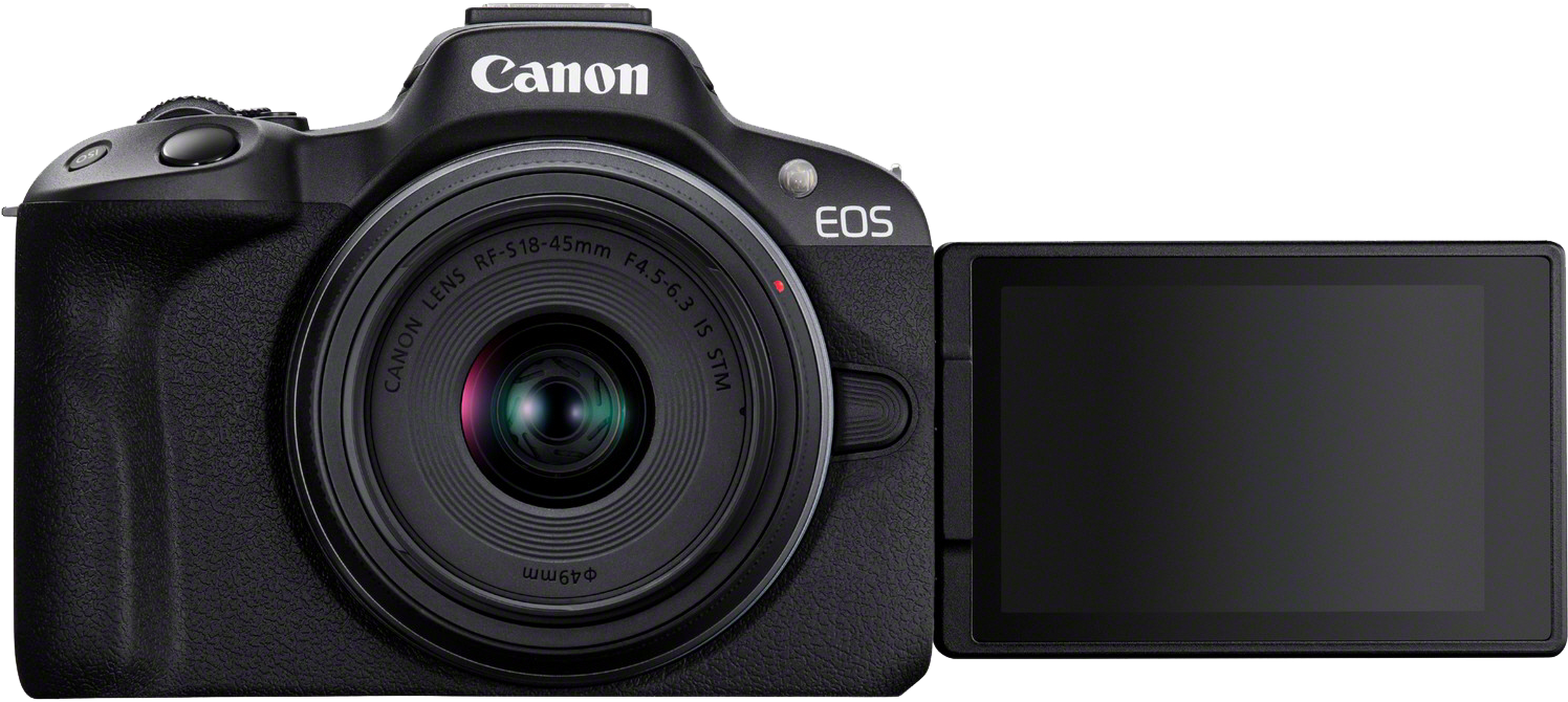 Canon EOS Kamera mit Objektiv, Bildschirm geöffnet. Schwarze Kamera mit Objektiv und Bildschirm.