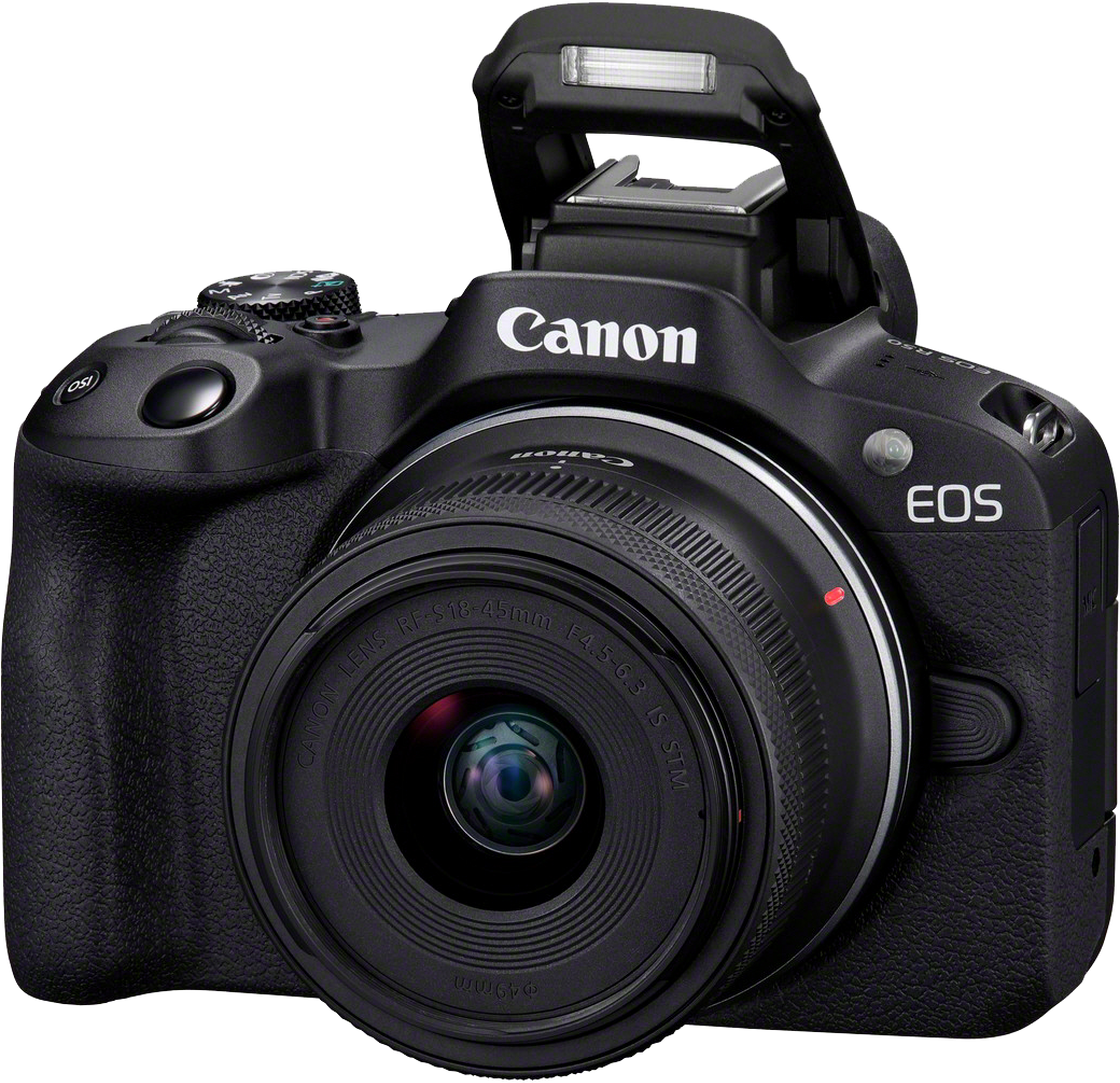 Schwarze Canon EOS Kamera mit Objektiv, Pop-up-Blitz und Canon Logo.