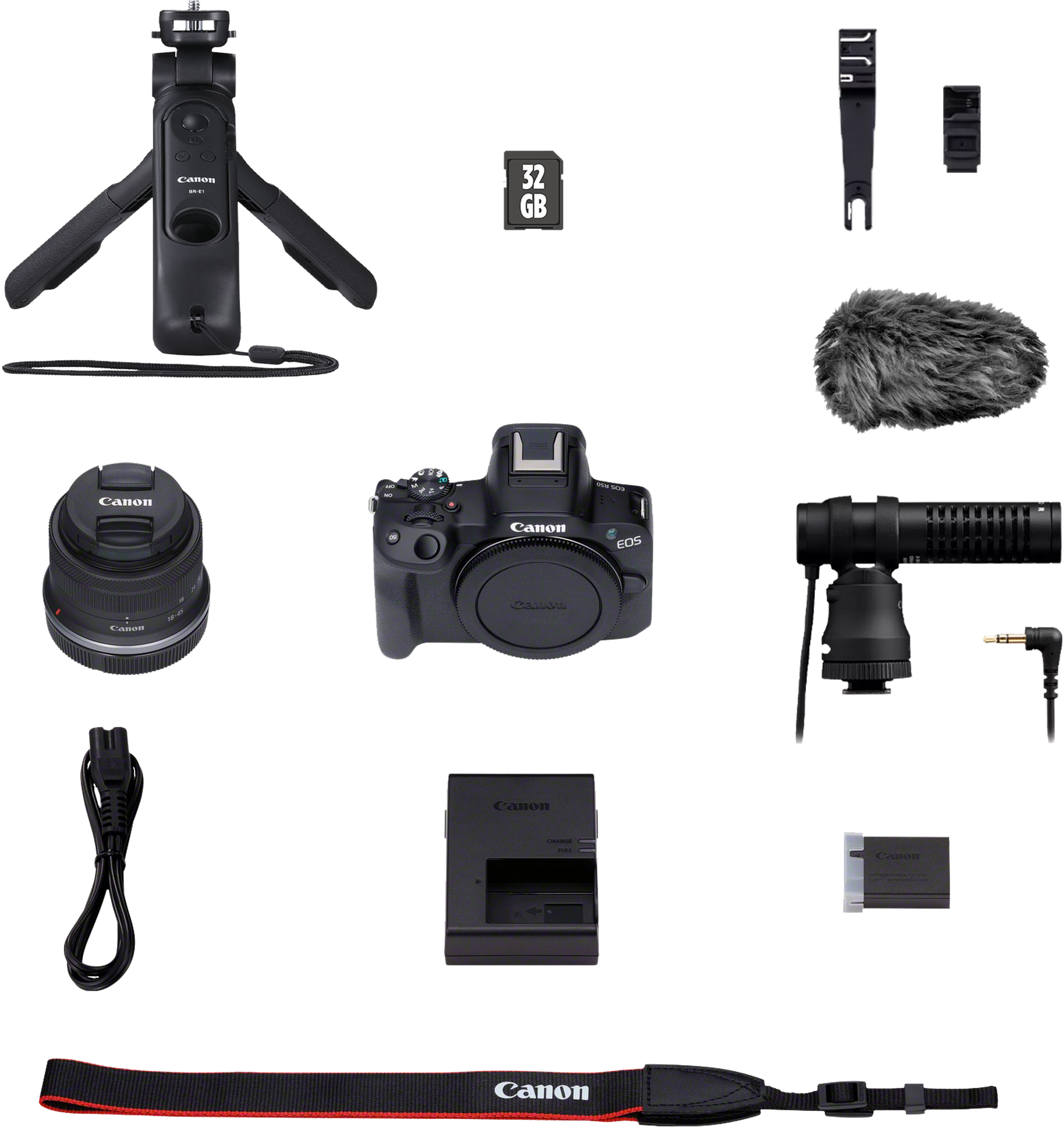 Eine Sammlung von Canon-Kameraausrüstung, darunter eine Kamera, ein Objektiv, ein Mikrofon und Zubehör.