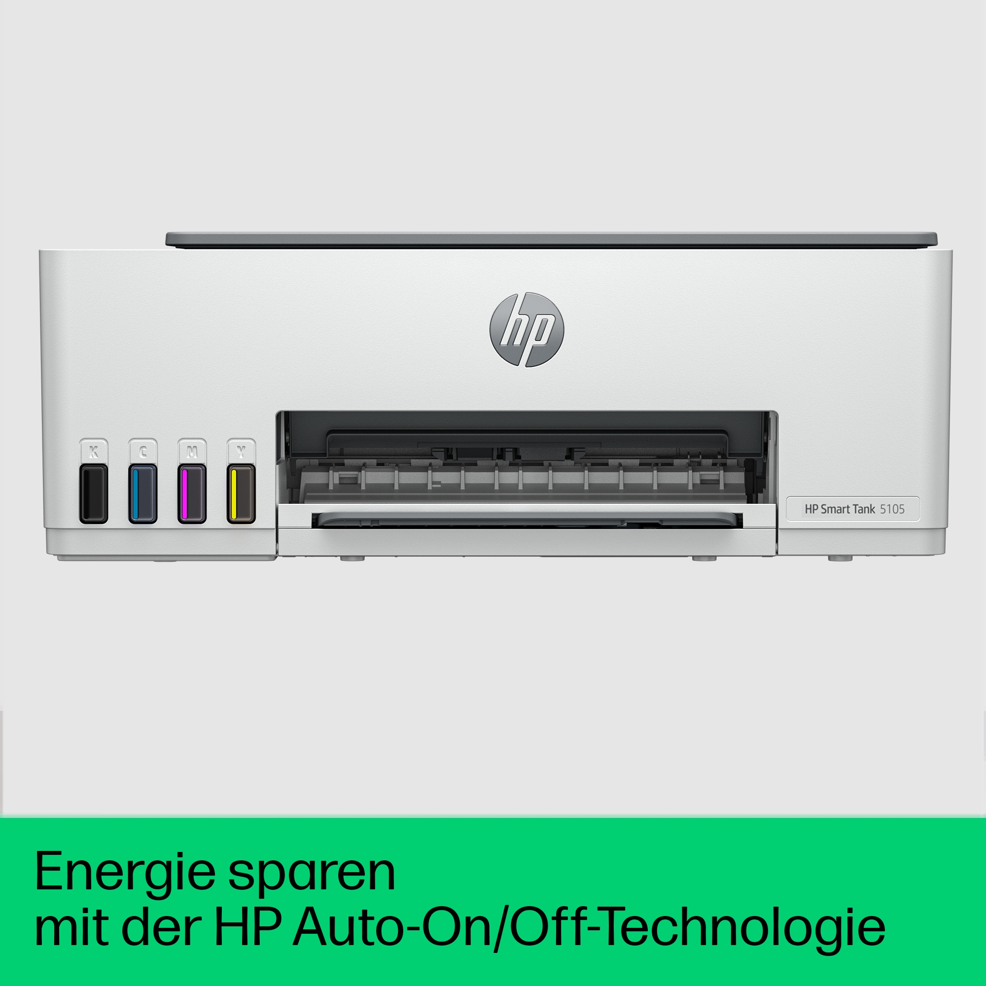 Weißer Drucker mit Tintenpatronen und grünem Banner mit Text.