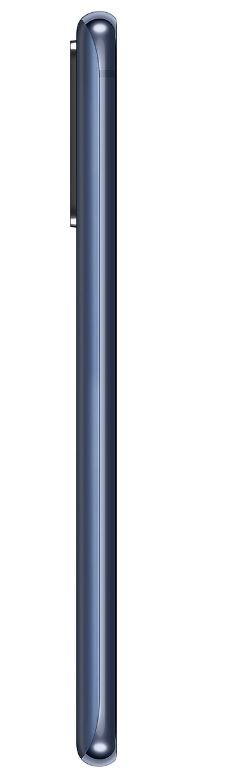 Koyu mavi bir akıllı telefonun yan görünümü. Kamera üstte görülebilir. Telefon ince.