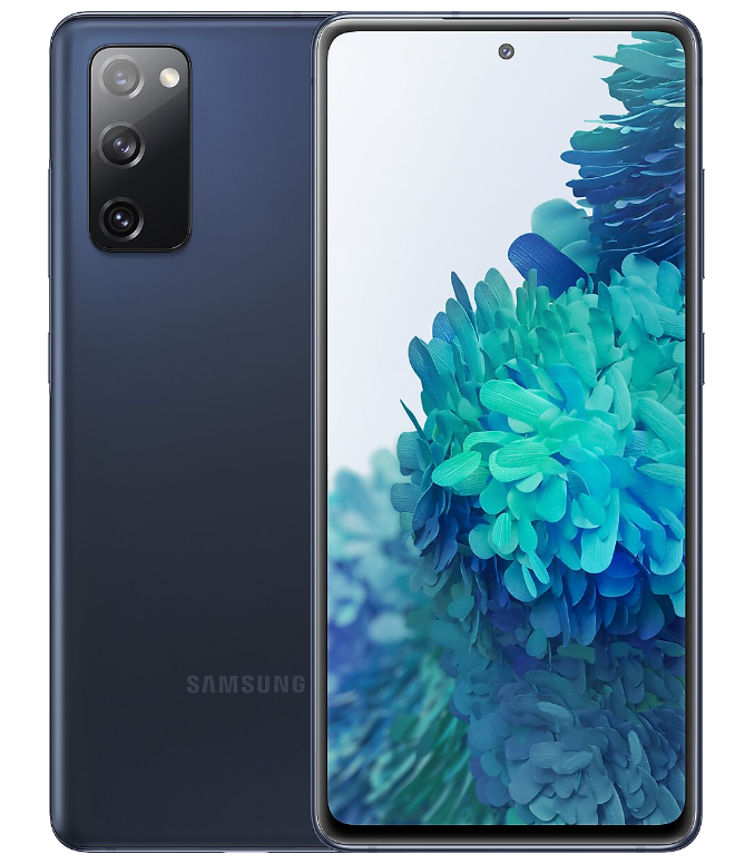 Mavi Samsung telefon, ön ve arka tarafı göstermek için açılı. Karanlık arka plan.