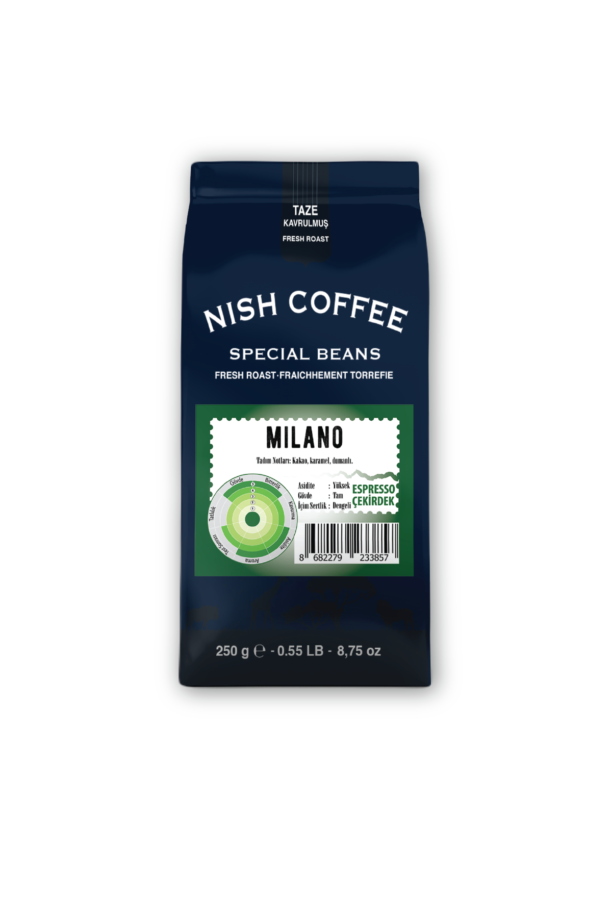 Nish Coffee Special Beans paketi, metin etiketleri ve yeşil bir grafik ile.