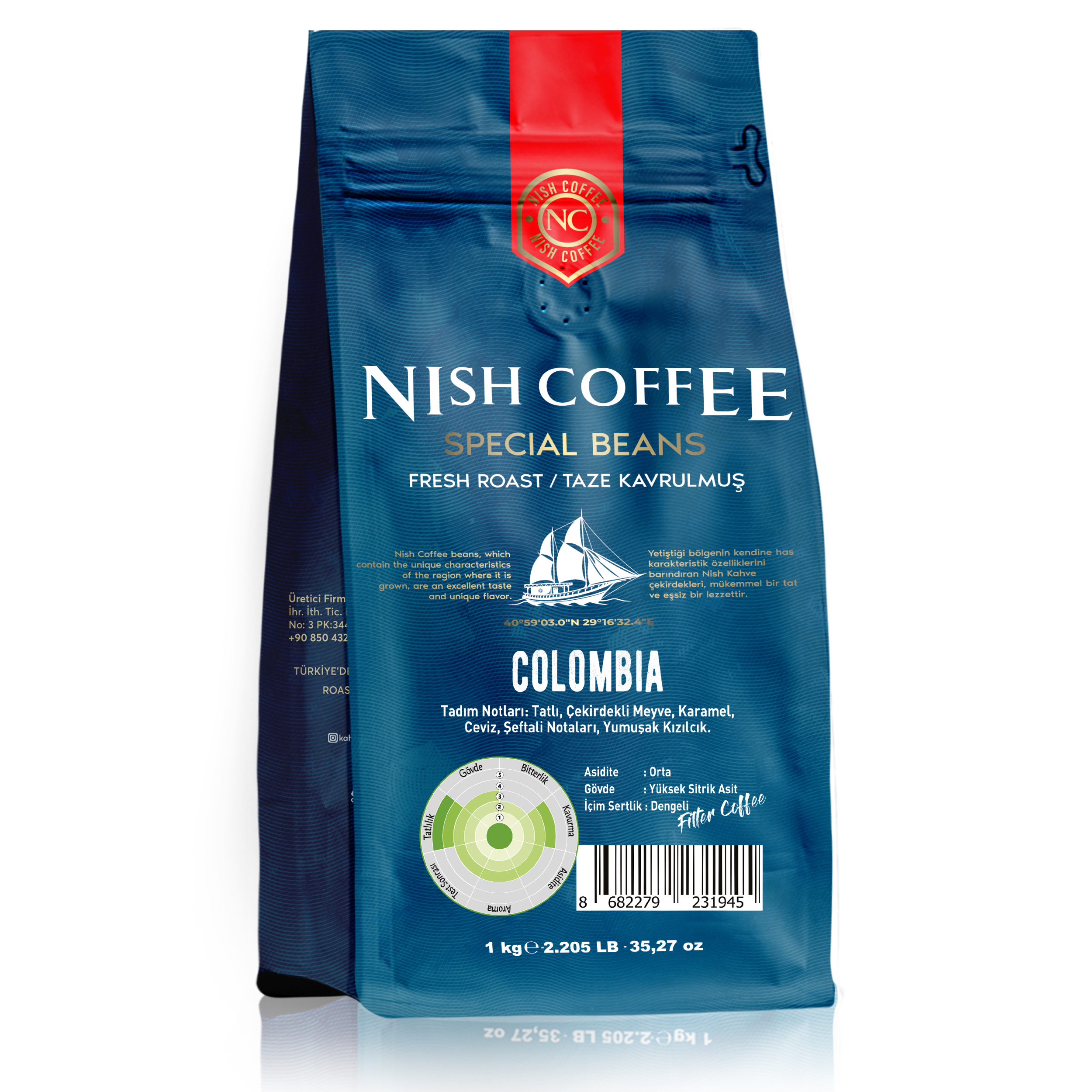 Mavi kahve poşeti, 'Nish Coffee' yazısı, fasulye grafiği ve kahve hakkında metin.