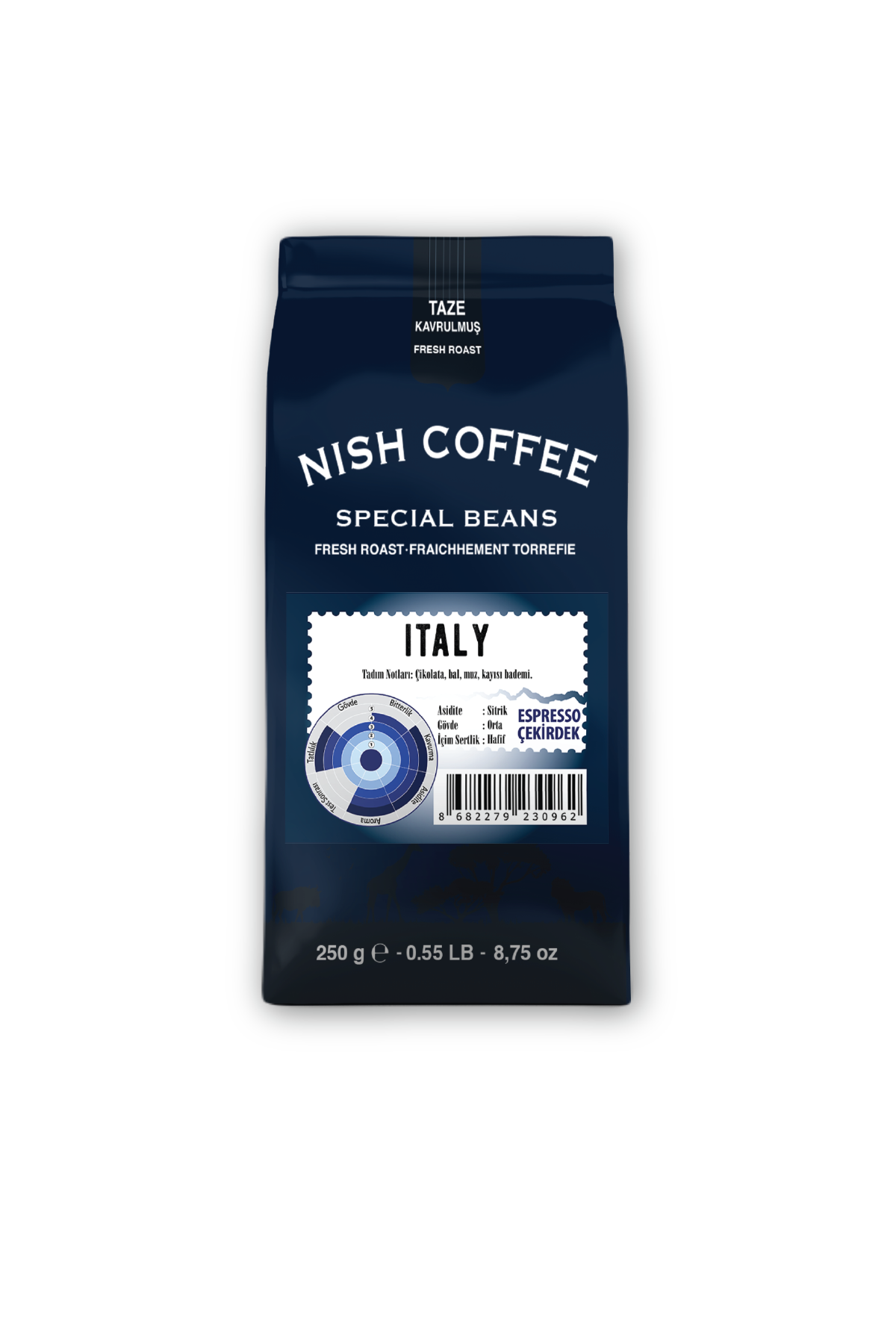 Nish Coffee Özel Çekirdekleri paketi, metin ve etiketle gösteriliyor.