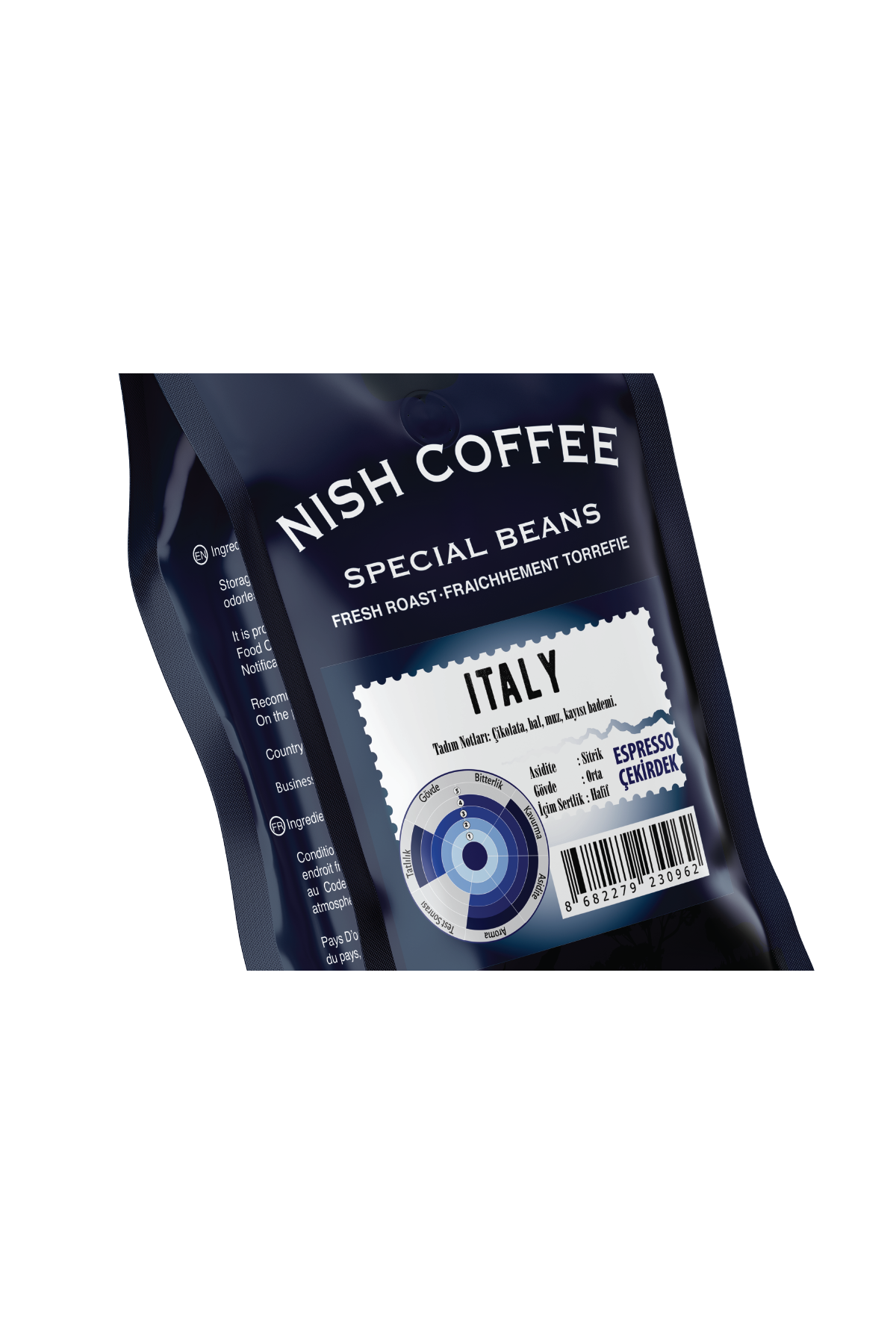 Nish Coffee Special Beans, İtalya'nın koyu mavi bir çantası, lezzet profili grafiğiyle.