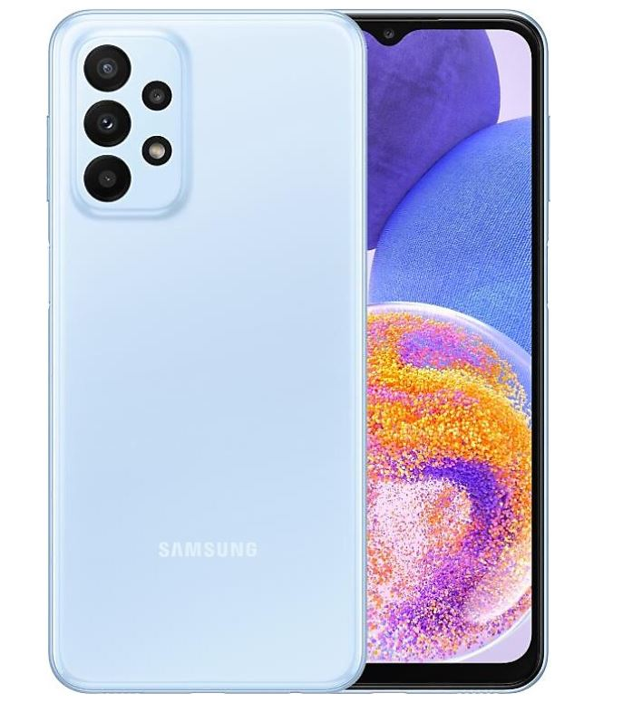 Üçlü kamera kurulumu ve ekran görüntüsü olan açık mavi bir Samsung telefon.