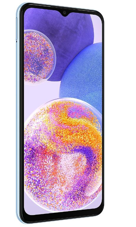Ekranda renkli baloncuklar gösteren açık mavi akıllı telefon.