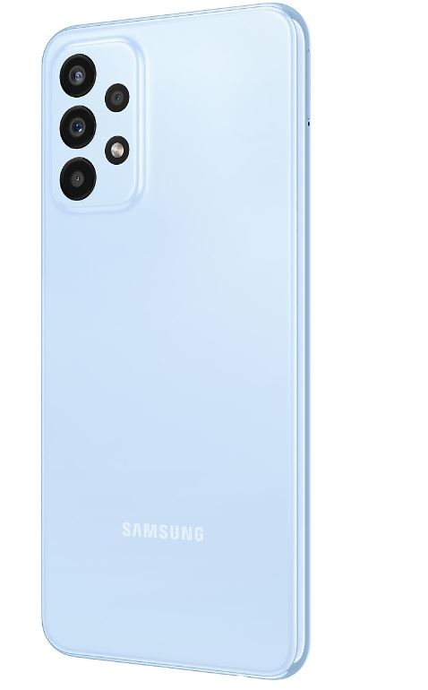 Açık mavi Samsung telefon. Telefonun arkasında kamera lensleri ve Samsung logosu var.