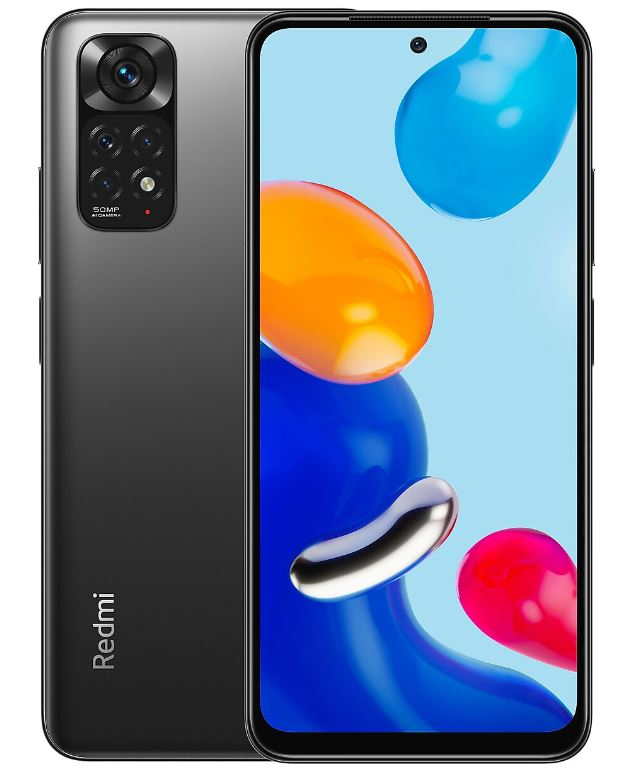 Arkada kamera dizisi ve renkli bir ekranı olan siyah bir Redmi telefon.