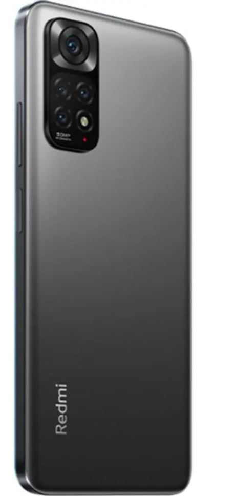 Siyah Redmi telefon, hafif açılı, dörtlü kamera kurulumu ve Redmi logosu ile.