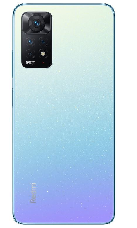 Redmi telefon arkası. Mavi-beyaz geçiş, dörtlü kamera, Redmi logosu, beyaz arka plan.