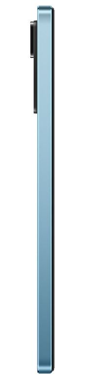 Açık mavi bir akıllı telefonun yan görünümü. Telefon beyaz bir zemin üzerinde.