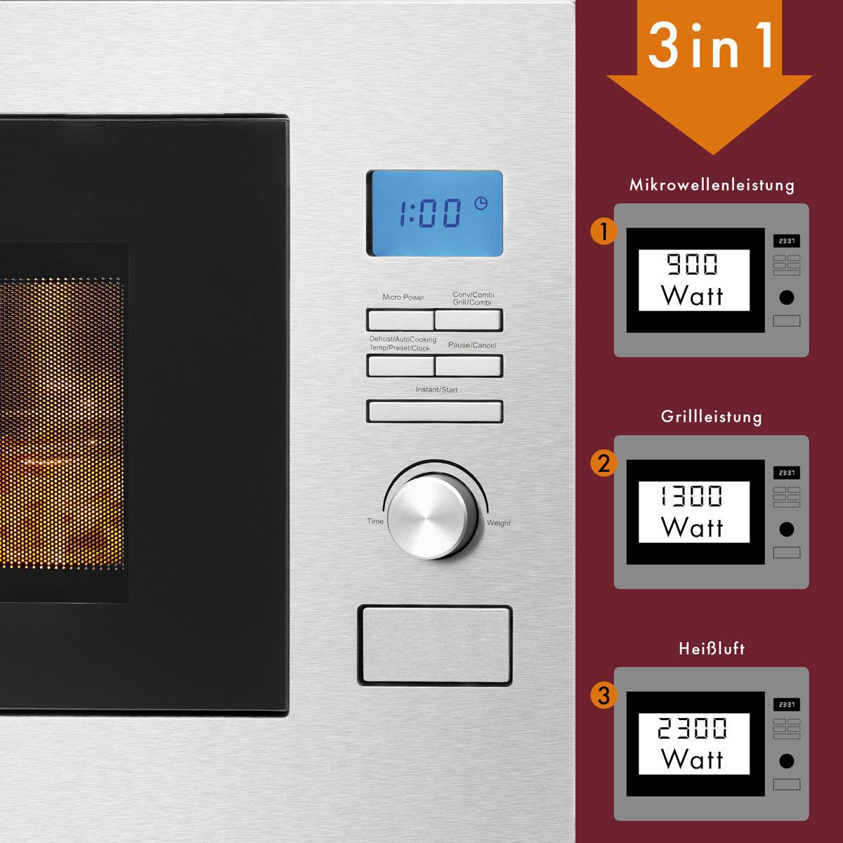 Eine silberne Mikrowelle mit einer Digitaluhr, die auf 1:00 Uhr eingestellt ist, und drei Leistungseinstellungen.