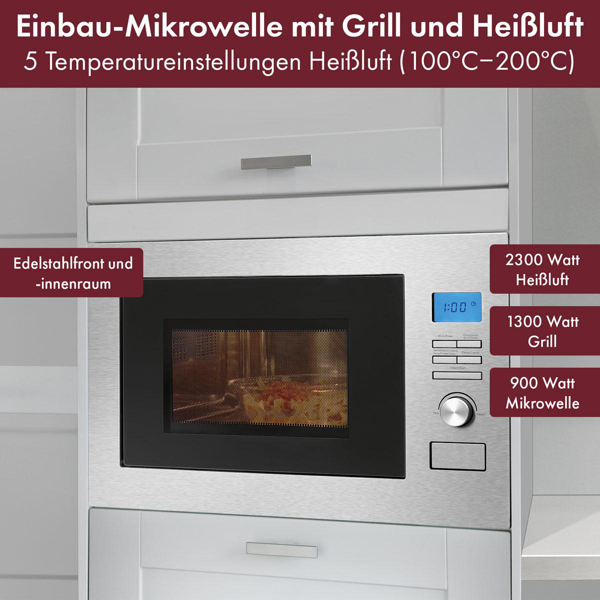 Ein Einbau-Mikrowellenherd mit Edelstahlfront und Bedienfeld. Er ist in einer Küche eingebaut.