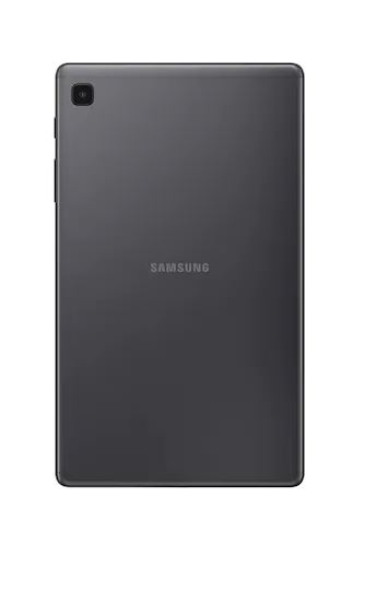Samsung'un gri bir tableti, arka görünüm. Samsung logosu ortada. Üst sol köşede kamera.