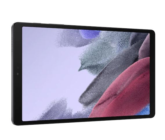 Renkli soyut bir tasarım gösteren açık renkli bir arka plana sahip tablet. Siyah çerçeve.