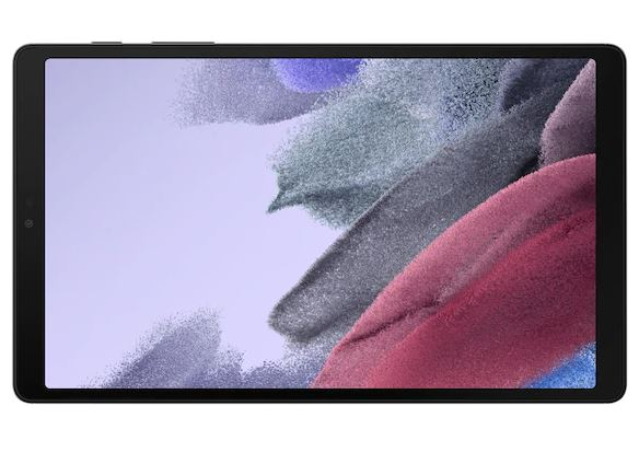 Renkli soyut sanat gösteren ekranlı siyah Samsung tablet. Tablette kamera ve siyah çerçeve var.