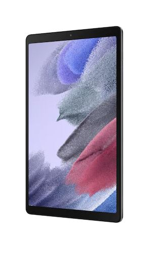 Ekranında renkli soyut bir arka plan bulunan siyah tablet.