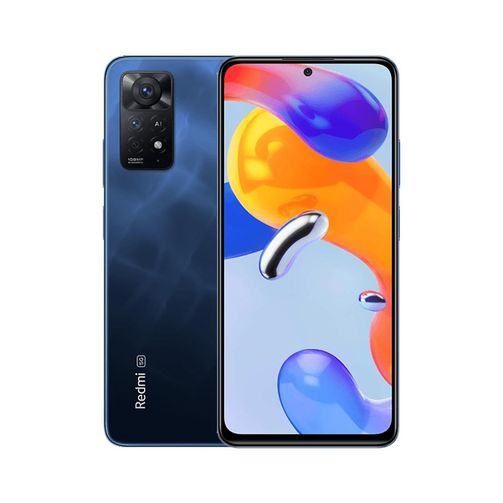 Redmi Note 11 Pro+ 5G akıllı telefon, mavi arka ve ön, kamera ve logo ile.