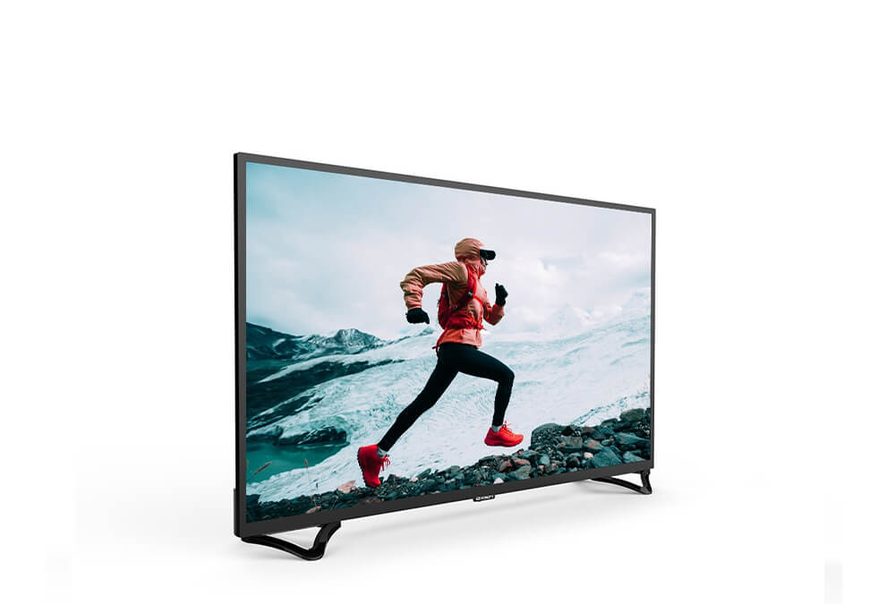 Beyaz arka planlı bir dağda koşan bir kişiyi gösteren düz ekran TV.