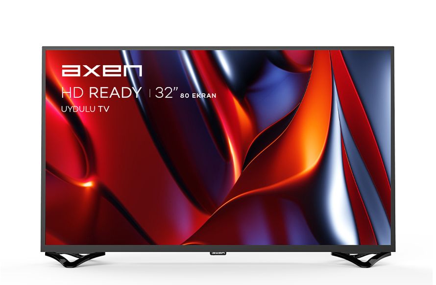 Axen HD Ready 32 inç TV. TV'nin siyah bir çerçevesi ve standı var.