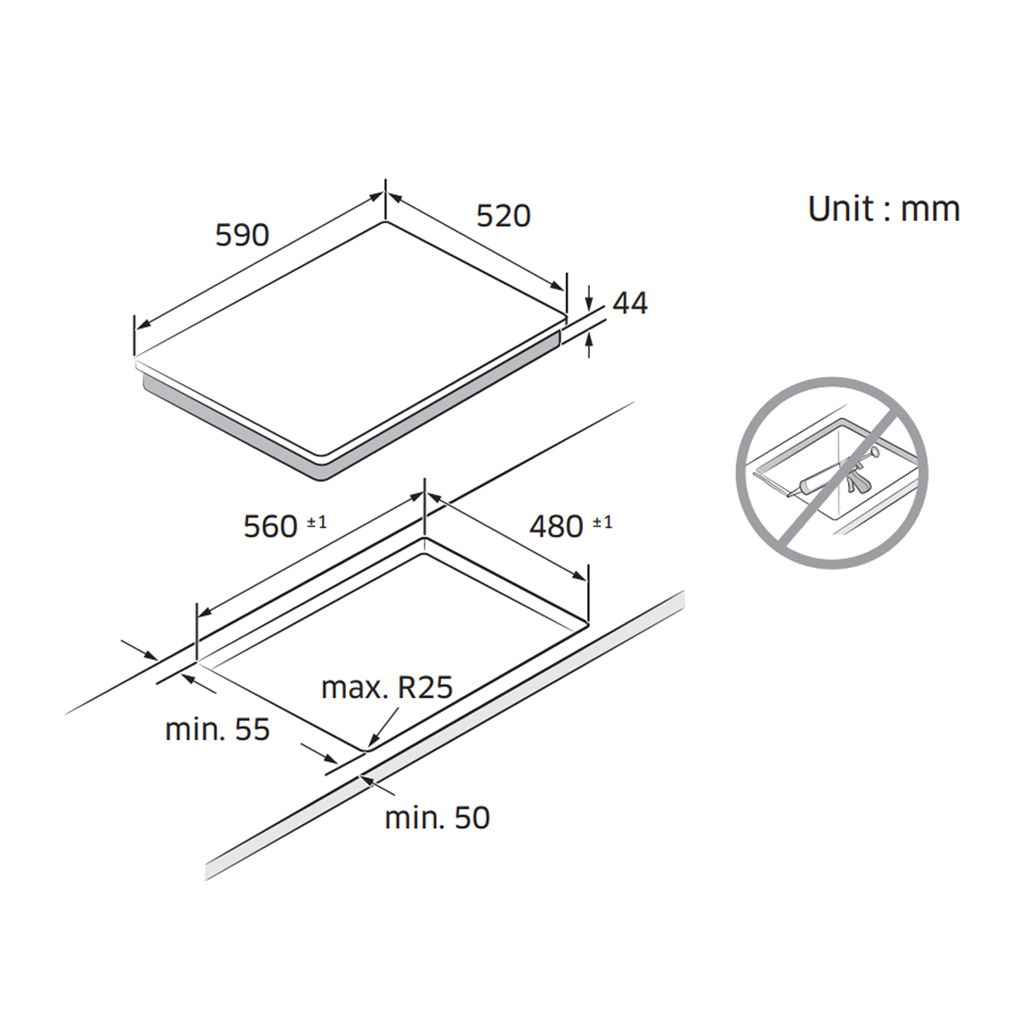 Diagramma con dimensioni per un piano cottura a incasso. Mostra le misure in mm e un simbolo di non-lavandino.