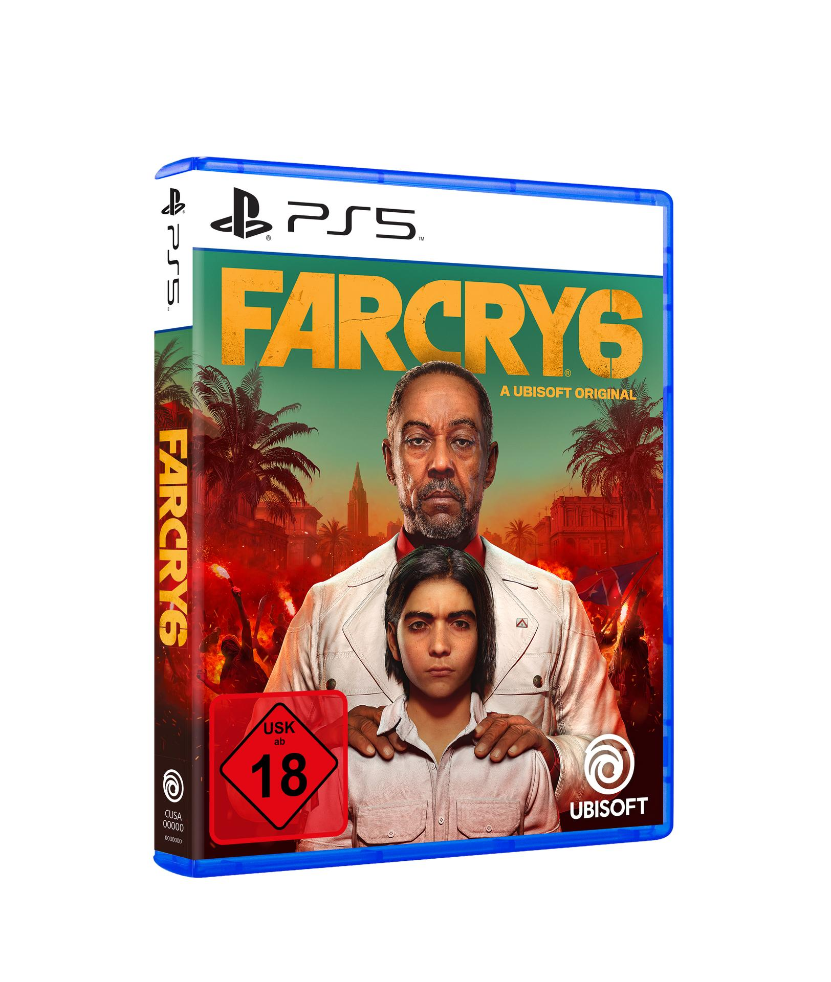 PS5-Spielverpackung für Far Cry 6, mit zwei Personen und einem feurigen Hintergrund.