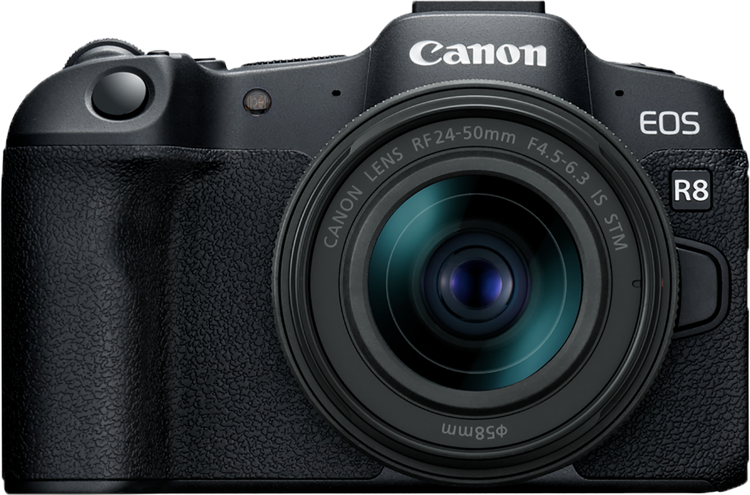 Black Canon EOS R8 camera with a lens attached. The camera is on a white background.