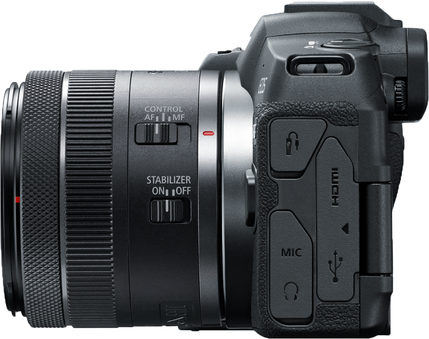 Close-up of a black camera with a lens and controls. The camera is on a black background.