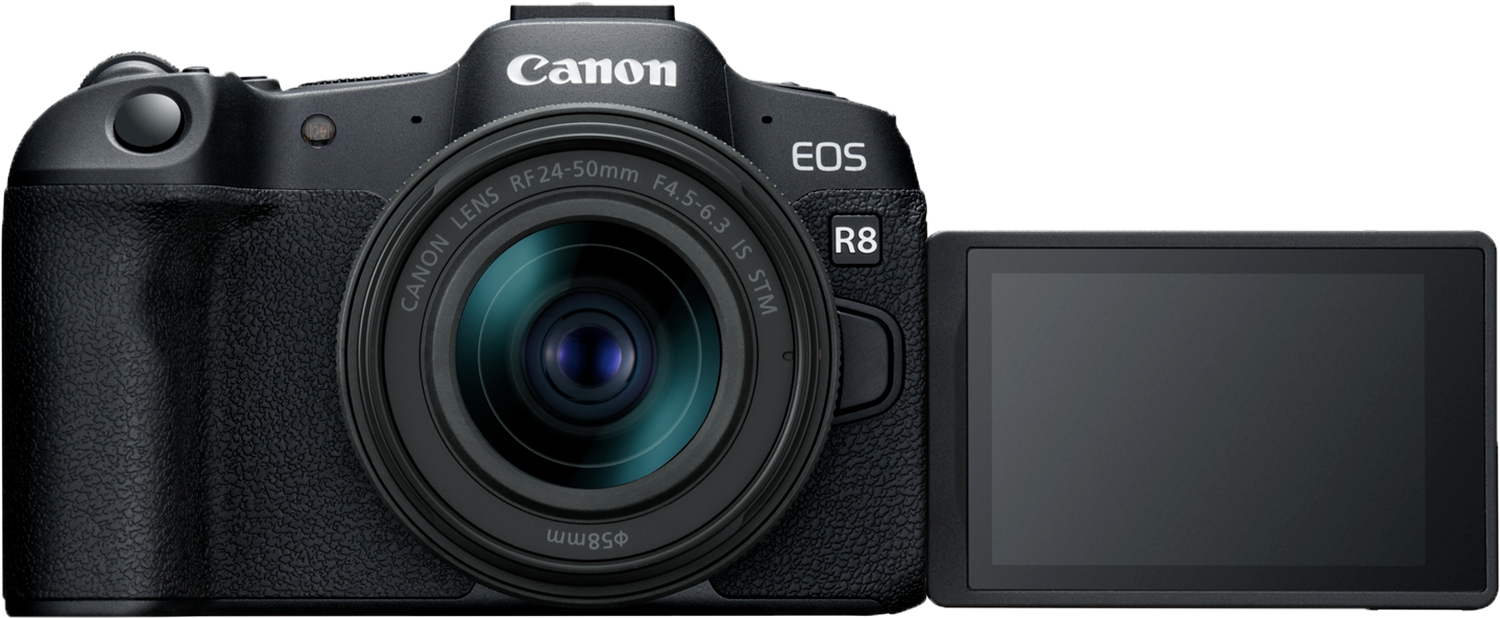 Black camera with a lens and a screen open.