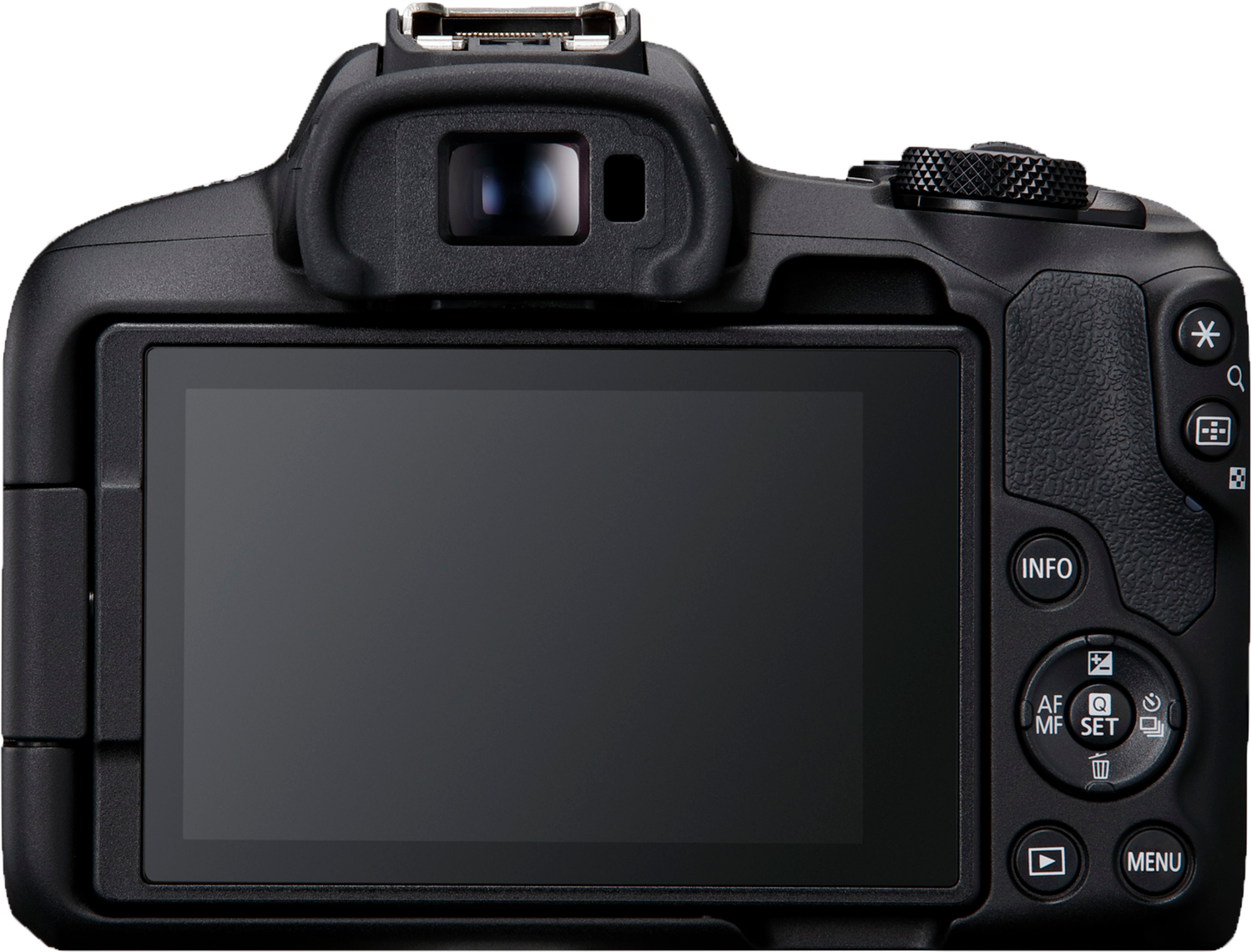 Back view of a black camera, showing the screen and control buttons.