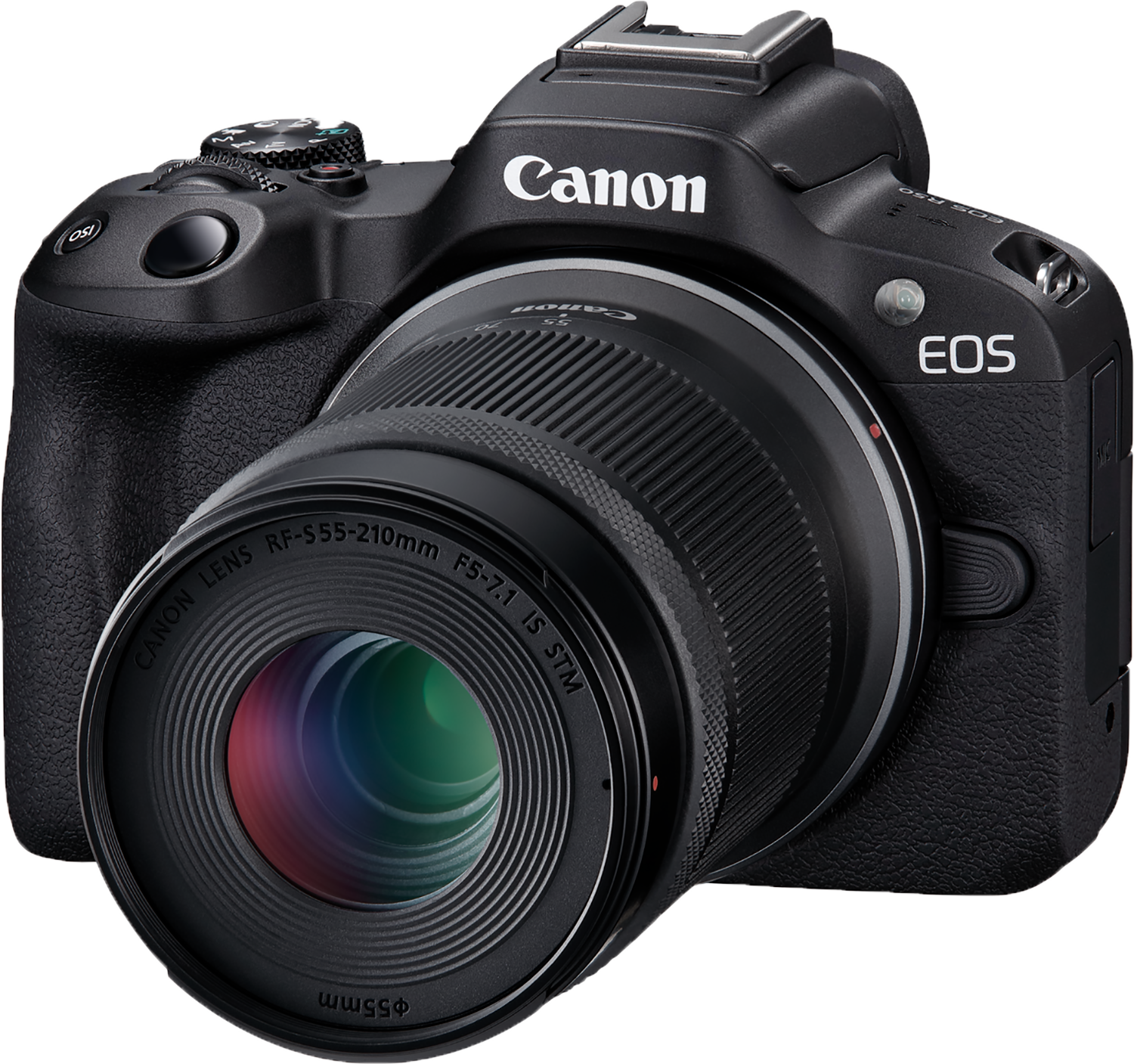 Zwarte Canon EOS camera met lens bevestigd. Canon logo zichtbaar.