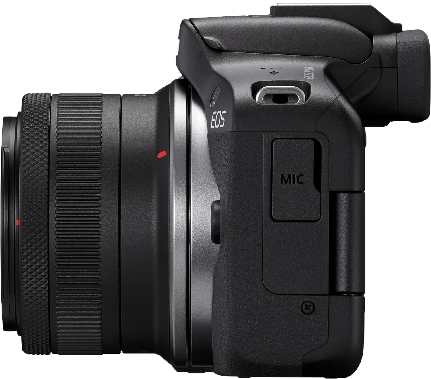 Black Canon EOS camera, side view. Lens attached. Microphone port. White background.