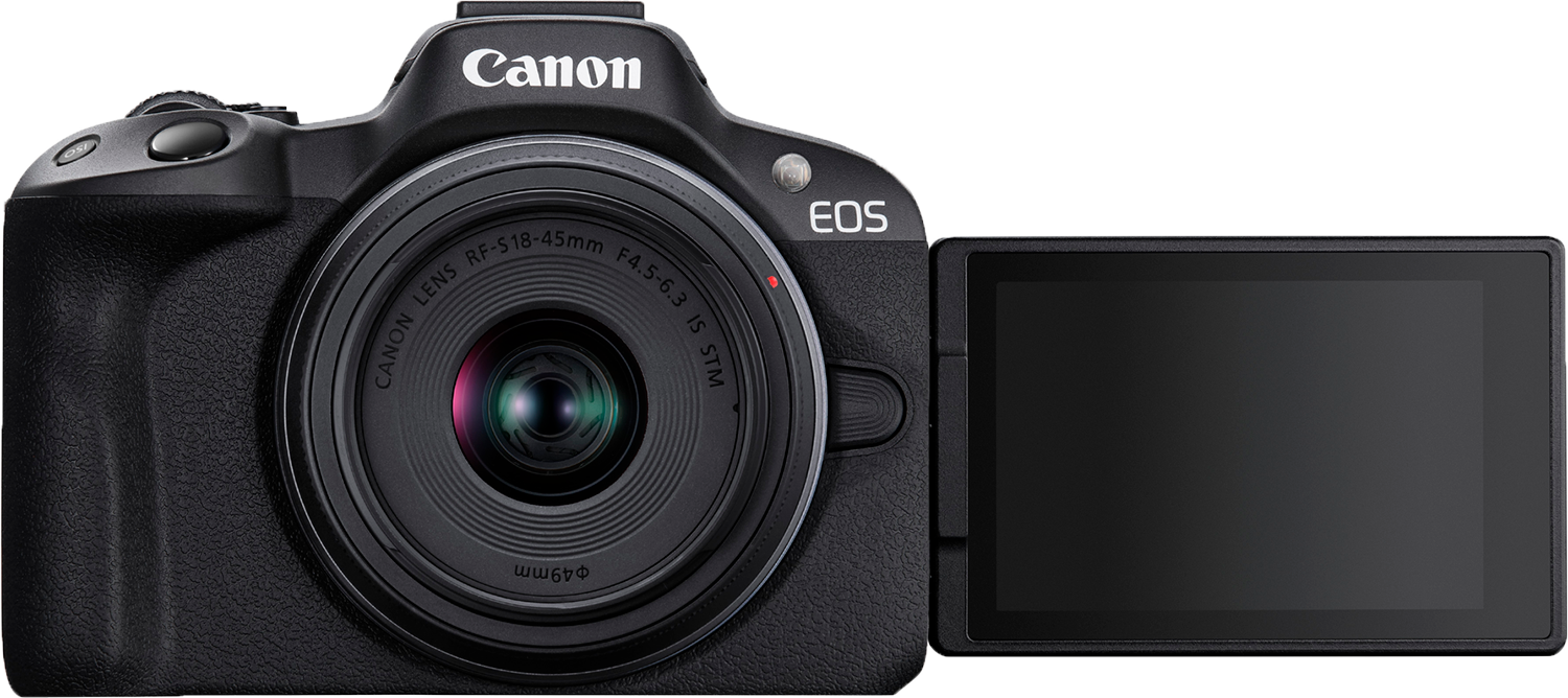 A Canon EOS camera with lens and screen open, against a white background.